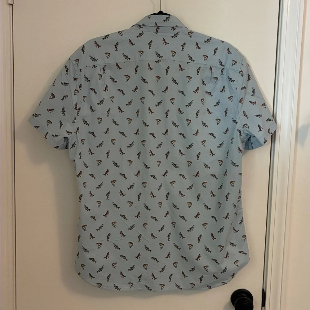 J Crew Mercantile Flex Shirt Bass Fish Printed Button Front Short Sleeve Shirt L
